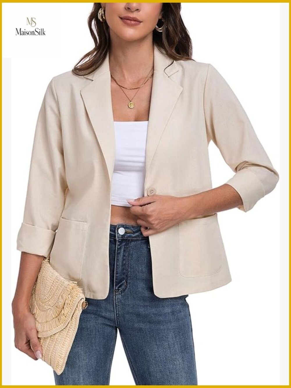 Lightweight Linen Blazer Long Sleeve Notch Lapel Button Office Casual Summer